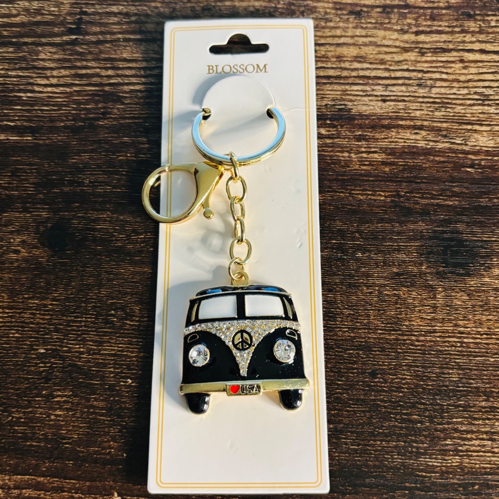 Retro Van Keychain Black Gold Peace Sign Rhinestone USA Heart Charm